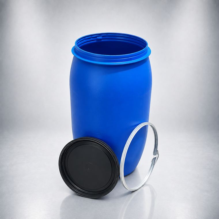 Tambor de plástico HDPE con tapa y aro, 120 litros, uso industrial